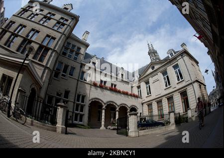 Gesamtansicht des Zentrums von Leuven, Belgien, am 23. Juli 2013. An einem zentralen Platz befindet sich das Rathaus aus dem 15.. Jahrhundert mit seinen hohen Türmen, die gotische Kirche des heiligen Petrus, ein Gebiet voller Bars und Cafés. (Foto von Oscar Gonzalez/NurPhoto) Stockfoto