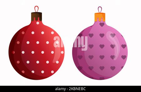 Weihnachtskugeln Illustration in rot mit Polka-Punkt und rosa mit Herz Farbe gesetzt. Xmas Glaskugel auf weißem Hintergrund. Vorlage zur Dekoration für den Urlaub. Ne Stockfoto