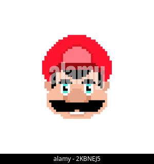 Mustachioed Klempner Gesicht Pixel Art. 8 Bit Vektor-Illustration Stock Vektor