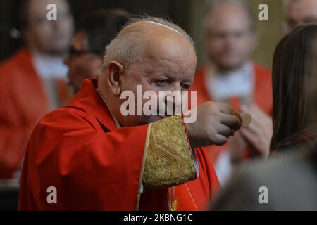 Kardinal Stanislaw Dziwisz verteilt die heilige Kommunion während der Messe am Fest des heiligen Stanislaus, des Bischofs und Märtyrers, des Hauptpatrons Polens, vor dem silbernen Sarkophag des heiligen Stanislaus in der Wawel-Kathedrale. Am Freitag, den 8. Mai 2020, in Jerusalem, Israel. (Foto von Artur Widak/NurPhoto) Stockfoto