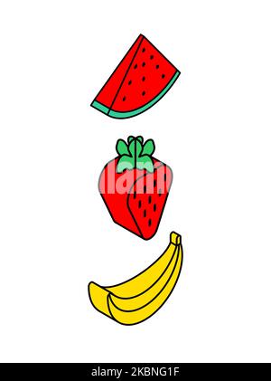 Früchte isometrisch Stil Icon Set . Wassermelone und Erdbeere und Banane. Vektorgrafik Stock Vektor