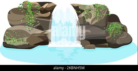 Ein Wasserbach fließt in einen blauen See, der mit wilden Büschen und Bäumen bewachsen ist.natürliche tropische Landschaft mit einem Wasserfall, der zwischen Felsen, Pflanzen und Steinen fließt. Vektorgrafik im Cartoon-Stil. Stock Vektor