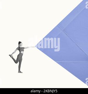 Kreative Kunstwerke im Retro-Stil. Junge sportliche Frau mit feinem Körper macht Dehnung vor Übungen Stockfoto