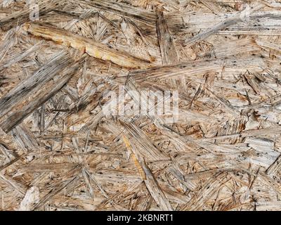 Spanplatte aus Holz, nasse Oberfläche. Hintergrund und Struktur der OSB- oder MDF-Platte. Nahaufnahme. Stockfoto