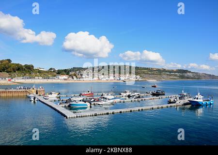 Die Boote liegen am schwimmenden Ponton mit Blick auf die Stadt und die Jurassic Coast, Lyme Regis, Dorset, Großbritannien. Stockfoto