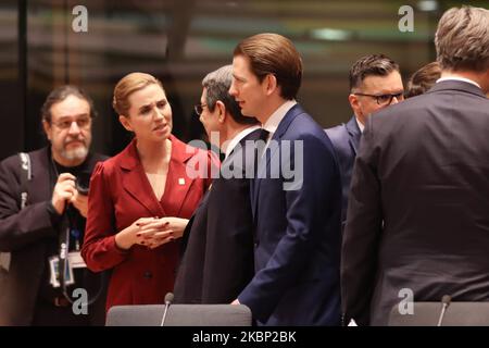 Sebastian kurz, der Bundeskanzler von Österreich, zu sehen beim Runden Tisch im Europa-Rat am 20. Februar 2020 in Brüssel, Belgien. Sebastian kurz nimmt an der EUCO für die Verhandlungen über den EU-Finanzrahmen für den langfristigen Haushalt 2021-2027 auf einem Sondergipfel des Europäischen Rates, DES EURO-Gipfels und der EU-Staats- und Regierungschefs in Brüssel, Belgien, Teil. (Foto von Nicolas Economou/NurPhoto) Stockfoto