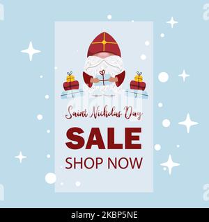 Poster zum Weihnachtsverkauf am Nikolaus-Tag. Witziger Zwerg Nikolaus Stock Vektor