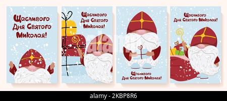 Eine Reihe von vertikalen Postkarten für den Tag des Hl. Nikolaus. Die Inschrift ist auf Ukrainisch. St. Nikolaus. Niedlicher Zwergpriester in einer roten Mitra. Stock Vektor
