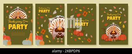 Thanksgiving Party vertikale Banner Set. Coole Danksaggabe an die türkei. Einladung zur Party. Stock Vektor