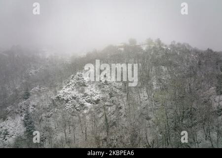 Luftige neblige Landschaft mit Bergklippen bedeckt mit frischem Schnee während heftigem Schneefall im Winter Bergwald an kalten, ruhigen Tag Stockfoto