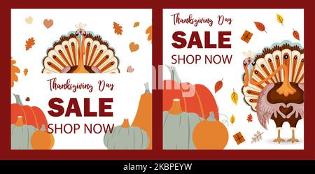Thanksgiving Verkauf quadratische Banner-Set. Coole Danksaggabe an die türkei. Einladung zum Verkauf. Rabatte und Werbeaktionen. Stock Vektor