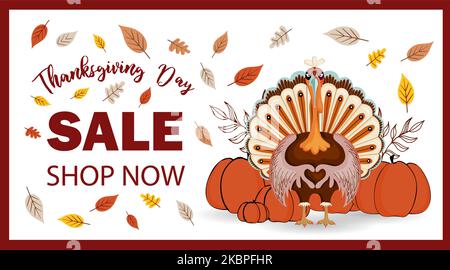 Thanksgiving Verkauf horizontales Banner. Coole Danksaggabe an die türkei. Einladung zum Verkauf. Rabatte und Werbeaktionen. Stock Vektor