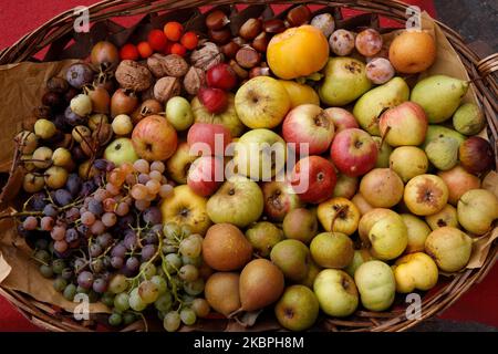 Italien Emilia Romagna Novafeltria: Festa della vendemmia e dei frutti d'autunno Frutti autunnali , cesto di fruutta Italien Emilia Romagna Novafeltria: Festival der Weinlese und Herbstfrüchte Herbstfrüchte Herbstfrüchte, Obstkorb Stockfoto