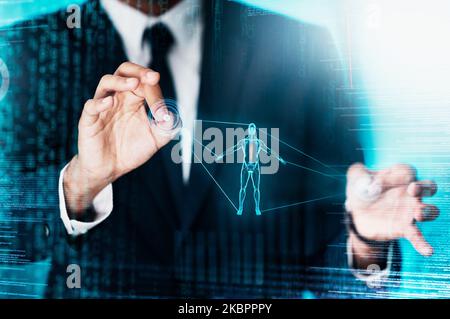 Hologramm, futuristische Technologie und menschliche Körpergesundheit mit medizinischer ai-App oder digitaler Gesundheitsversorgung im Metaverse. Business man, Anatomie Overlay und Stockfoto
