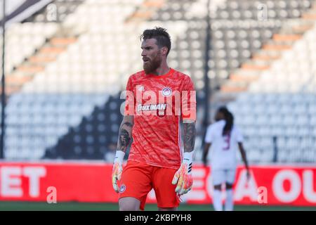 José Sá #1 Torhüter von Olympiacos Piräus während der PAOK gegen Olympiacos 0-1 für das Playoffs-Spiel der Super League in Griechenland nach einem dreimonatigen Coronavirus-Einfrieren der griechischen Meisterschaft am 7. Juni 2020 in Thessaloniki, Griechenland. Toumba Stadium, die Heimat von PAOK, war leer, ohne Fans als Schutzmaßnahme gegen die Ausbreitung der COVID-19-Coronavirus-Pandemie und alle Menschen im Inneren wurden untersucht und mit Masken und Handschuhen versehen. (Foto von Nicolas Economou/NurPhoto) Stockfoto