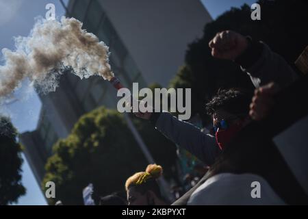 Demonstranten nehmen an einem antifaschistischen Protest gegen Rassismus, die Regierung von Präsident Jair Bolsonaro, Teil und verteidigen die Demokratie inmitten der Coronavirus-Pandemie (COVID-19) in Brasilia, Brasilien, Sonntag, 7. Juni, 2020. (Foto von Andre Borges/NurPhoto) Stockfoto