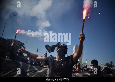 Demonstranten nehmen an einem antifaschistischen Protest gegen Rassismus, die Regierung von Präsident Jair Bolsonaro, Teil und verteidigen die Demokratie inmitten der Coronavirus-Pandemie (COVID-19) in Brasilia, Brasilien, Sonntag, 7. Juni, 2020. (Foto von Andre Borges/NurPhoto) Stockfoto