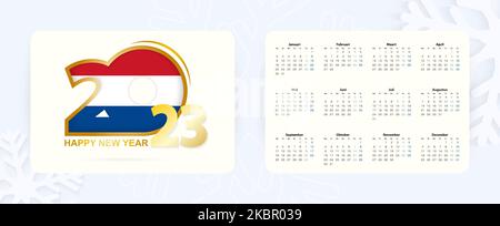 Horizontaler Taschenkalender 2023 in niederländischer Sprache. Symbol für das neue Jahr 2023 mit der Flagge der Niederlande. Vektorkalender. Stock Vektor