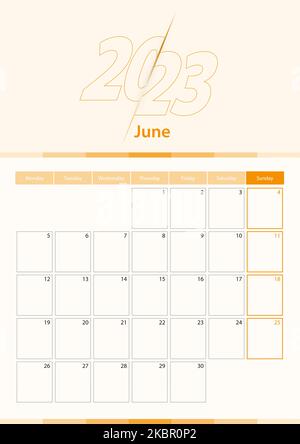 Moderner Vektor vertikaler Kalenderbogen für Juni 2023, Planer in englischer Sprache. Kalender in orangefarbener Farbe. Stock Vektor
