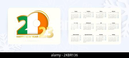 Horizontaler Taschenkalender 2023 in irischer Sprache. Symbol für das neue Jahr 2023 mit der Flagge Irlands. Vektorkalender. Stock Vektor