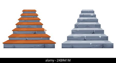 Set Stein Fee Treppe und Treppe mit Holzdekor, mittelalterliche alte Architektur im Cartoon-Stil isoliert auf weißem Hintergrund mit Rissen, gebrochenen Elementen. Spielelement, Designelement. Vektorgrafik Stock Vektor