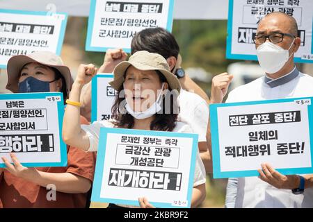 Mitglieder von Peace One Korea rufen während einer Demonstration gegen die südkoreanische Politik gegenüber Nordkorea am 17. Juni 2020 vor dem Cheongwadae (Blaues Haus) in Seoul, Südkorea, Slogans aus. Die Spannungen zwischen Süd- und Nordkorea sind gestiegen, nachdem Pjöngjang am 16. Juni das gemeinsame Verbindungsbüro in Kaesong in die Luft gesprengt hat. (Foto von Chris Jung/NurPhoto) Stockfoto