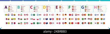 Alle Gruppenspiele, gegen Symbole und Flaggen der Teilnehmer an internationalen Fußballwettbewerben. Vektorset. Stock Vektor
