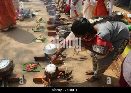 Hindu-Frauen kochen Pongala während des Attukal Pongala Mahotsavam Festivals in der Stadt Thiruvananthapuram (Trivandrum), Kerala, Indien, am 19. Februar 2019. Das Attukal Pongala Mahotsavam Festival wird jedes Jahr von Millionen Hindu-Frauen gefeiert. Während dieses Festivals bereiten Frauen Pongala (Reis gekocht mit Jaggery, Ghee, Kokosnuss sowie anderen Zutaten) im Freien in kleinen Töpfen zu, um der Göttin Kannaki zu gefallen. Pongala (was wörtlich bedeutet, überkochen) ist ein rituelles Angebot eines süßen Gerichts, bestehend aus Reisbrei, süßen braunen Melasse, Kokosraspeln, Nüssen und Rosinen. Das ist es Stockfoto