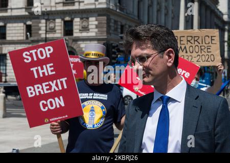 Der konservative Abgeordnete Steve Baker spricht mit EU-Befürwortern während des Protestes vor dem Parlament gegen den No-Deal-Brexit am 24. Juni 2020 in London, England. Gestern war es vier Jahre her, dass Großbritannien in einem Referendum über den Austritt aus der Europäischen Union stimmte, wobei beide Parteien derzeit über die Beziehungen nach dem Brexit verhandeln, da die Übergangsphase Großbritanniens im Dezember endet. (Foto von Wiktor Szymanowicz/NurPhoto) Stockfoto