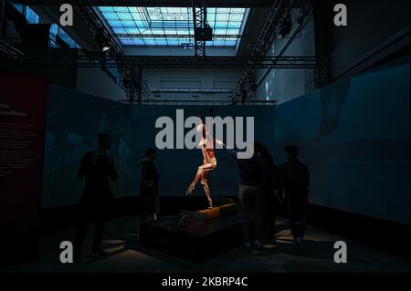 Mailand, Italien - 4. November 2022: Besucher der Ausstellung Body Worlds – The Rhythm of Life, kuratiert von Plastinator Dr. Gunther von Hagens und Kuratorin Dr. Angelina Whalley, Stazione di Milano Centrale, zeigen reale Exemplare, die die Komplexität, Widerstandsfähigkeit und Verletzlichkeit des menschlichen Körpers demonstrieren. Stockfoto