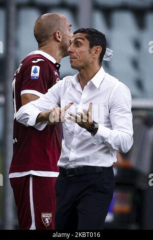 Torino-Trainer Moreno Longo spricht mit seinen Spielern während des Fußballspiels der Serie A n.29 TORINO - LATIUM am 30. Juni 2020 im Stadio Olimpico Grande Torino in Turin, Piemont, Italien. Endergebnis: Turin-Lazio 1-2. (Foto von Matteo Bottanelli/NurPhoto) Stockfoto