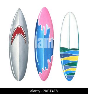 Surfboards sind bunt, grau, pink, blau gestreift. Aquarelldarstellung. Isolierte Objekte auf weißem Hintergrund aus der SURFERSAMMLUNG Stockfoto