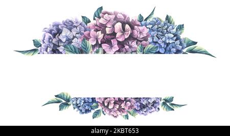 Hortensienblüten sind rosa, lila, blau mit Blättern. Aquarelldarstellung. Horizontales Brett aus der Sammlung VON HOCHZEITSBLUMEN. Für Stockfoto