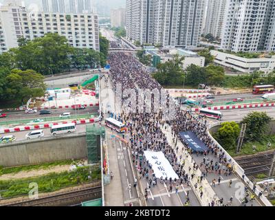 Eine Drohnenansicht des Leiters des marsches, der am 14. Juli 2010 in Shatin in Hong KNG, China, eintraf. Organisiert, um einen Stopp des Parallelhandels mit China zu fordern, kam es im März zu Konfrontationen, als Demonstranten und Polizisten auf den Straßen und später in einer gewaltsamen Räumung des Einkaufszentrums New Town Plaza gegenüberstanden. (Foto von Marc Fernandes/NurPhoto) Stockfoto