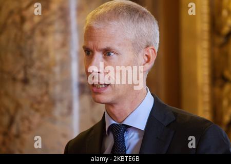 Franck Riester, der französische Juniorminister für Europa und Außenhandel, kommt am 8. Juli 2020 zur Fragestunde an die Regierung (QAG) im französischen Senat in Paris. (Foto von Daniel Pier/NurPhoto) Stockfoto