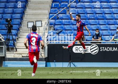 10 edu Exposito von SD Eibar feiert ein Tor während des La Liga-Spiels zwischen RCD Espanyol und SD Eibar am 13. Juni 2020 in Barcelona, Spanien. (Foto von Xavier Bonilla/NurPhoto) Stockfoto