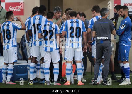 Cheftrainer von Real Sociedad Imanol Alguacil (C) während des spanischen Spiels in La Liga zwischen Villarreal CF und Real Sociedad am 13. Juli 2020 im Stadion La Ceramica. (Foto von Jose Miguel Fernandez/NurPhoto) Stockfoto