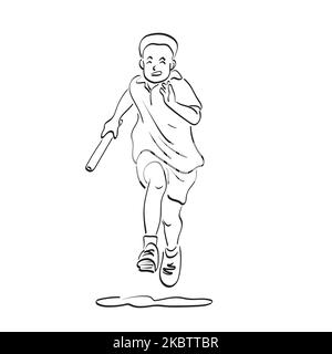 Linie Kunst Junge läuft in Relais Rennen Illustration Vektor Hand gezeichnet isoliert auf weißem Hintergrund Stock Vektor