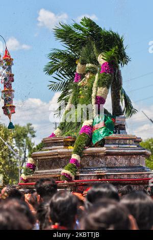 Tamilische Hindu-Anhänger tragen das Idol von Lord Vinayagar (Lord Ganesh) zurück in Richtung zum Tempel während des Vinayagar Ther Thiruvizha Festivals an einem tamilischen Hindu-Tempel in Ontario, Kanada am 23. Juli 2016. Das Idol ist grün geschmückt und mit kaltem Wasser besprüht, was die Gottheit vor all der Aufregung, die während der Führung durch den Tempel von außen erlebt wird, beruhigen soll. Dieses Festival ist Teil des 15 Tage langen Festivals, das Lord Murugan ehrt, das mit einer extravaganten Wagenprozession gipfelt. (Foto von Creative Touch Imaging Ltd./NurPhoto) Stockfoto