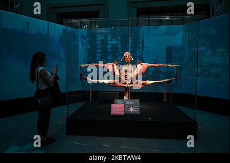 Mailand, Italien – 4. November 2022: Ein Besucher macht ein Foto in der Ausstellung Body Worlds – The Rhythm of Life, kuratiert von Plastinator Dr. Gunther von Hagens und Kuratorin Dr. Angelina Whalley im Stazione di Milano Centrale, und zeigt reale Exemplare, die die Komplexität, Widerstandsfähigkeit und Verletzlichkeit des menschlichen Körpers demonstrieren. (Foto von Piero Cruciatti/Sipa USA) Stockfoto