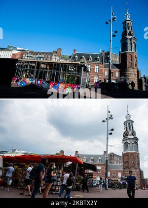 (COMBO) Diese Kombination von Bildern, die am 18. Juli 2020 erstellt wurden, vergleicht Amsterdam mit dem 23.. März. Dieses Foto zeigt, wie der Blumenmarkt in Amsterdam während der „intelligenten Sperre“ aussah, wo die meisten Menschen von zu Hause aus arbeiteten und der Tourismus im Land nicht erlaubt war, verglichen mit dem Aussehen der Stadt heutzutage, wobei der Großteil des Tourismus und der Menschen zurück in der Stadt waren. (Foto von Romy Arroyo Fernandez/NurPhoto) Stockfoto