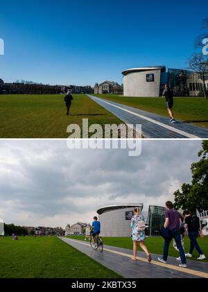 (COMBO) Diese Kombination von Bildern, die am 18. Juli 2020 erstellt wurden, vergleicht Amsterdam mit dem 23.. März. Dieses Foto zeigt, wie der Museumplein in Amsterdam während der "intelligenten Sperre" aussah, wo die meisten Menschen von zu Hause aus arbeiteten und der Tourismus im Land im Vergleich zu der heutigen Stadt, mit dem Großteil des Tourismus und der Menschen zurück in der Stadt, nicht erlaubt war. (Foto von Romy Arroyo Fernandez/NurPhoto) Stockfoto