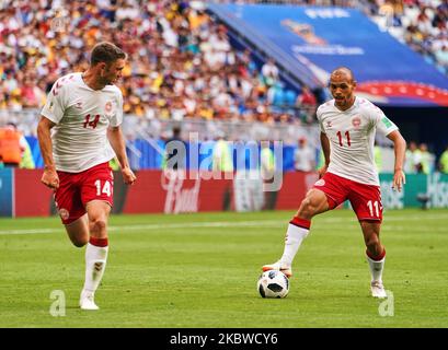 Martin Braithwaite aus Dänemark wird am 21. Juni 2018 beim FIFA-Weltcup-Spiel Dänemark gegen Australien in der Samara Arena in Samara, Russland, an den dänischen Henrik Dalsgaard übergeben. (Foto von Ulrik Pedersen/NurPhoto) Stockfoto