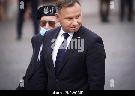 Der polnische Präsident Andrzej Duda wird am 31. Juli 2020 bei der Feier des 76.. Jahrestages des Warschauer Aufstands auf dem Denkmal des Warschauer Aufstands in Warschau, Polen, gesehen. (Foto von Jaap Arriens/NurPhoto) Stockfoto