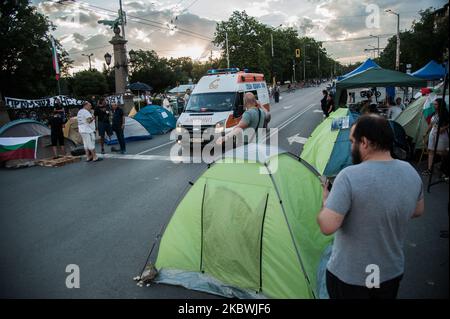 Am 1. August 2020 versammeln sich Menschen in der bulgarischen Hauptstadt Sofia, um gegen die Korruption in Bulgarien zu protestieren. Sie blockierten mehrere Hauptstraßen und bauten ein Zeltlager auf. In einigen der größten Städte Bulgariens finden regierungsfeindliche Proteste gegen den Premierminister Boyko Borissow, die regierungsbevollmächtigste Regierung, den Chefankläger und den Direktor des bulgarischen Nationalfernsehens statt. In Bulgarien gibt es Zeichen gegen Mafia und Korruption. (Foto von Hristo Rusev/NurPhoto) Stockfoto