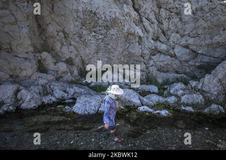 Am 30. Juli 2020 spaziert eine iranische junge Frau in dem Naturbrunnen Cheshmeh-Ali im Stadtteil Shahr-e-Rey im Süden von Teheran. Die Lage in Teheran ist rot (hohes Risiko) Und die geringste Missachtung und Vereinfachung des COVID-19 kann leicht ein Wiederaufleben verursachen, aber es scheint, dass viele Menschen in der Hauptstadt die Gefahr des neuen Coronavirus vergessen und es vorziehen, alles zu tun, was sie mögen, wie in den natürlichen Brunnen zu schwimmen, ohne dabei soziale Distanzierungen und zu beobachten Integritätsprotokolle. (Foto von Morteza Nikoubazl/NurPhoto) Stockfoto