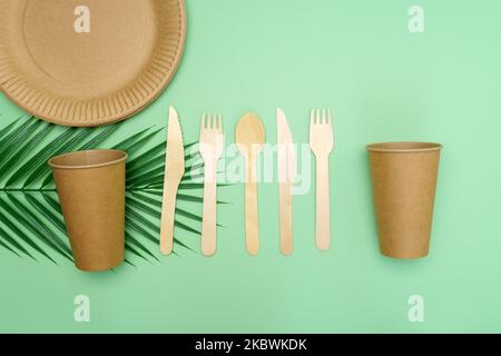 Pappbecher, Teller und Holzbesteck auf grünem Hintergrund. Zero Waste, umweltfreundliches Konzept. Flaches Design. Stockfoto