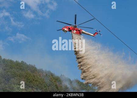 Die Brände der letzten Tage im Nationalpark der Abruzzen, an den Hängen des Gran Sasso, bedrohen die Hauptstadt Abbruzzes. Zahlreiche Angestellte, darunter Freiwillige, Katastrophenschutz und Feuerwehrleute. Am 3. August 2020 in L'Aquila, Italien. (Foto von Riccardo Fabi/NurPhoto) Stockfoto