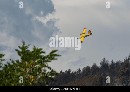 Die Brände der letzten Tage im Nationalpark der Abruzzen, an den Hängen des Gran Sasso, bedrohen die Hauptstadt Abbruzzes. Zahlreiche Angestellte, darunter Freiwillige, Katastrophenschutz und Feuerwehrleute. Am 3. August 2020 in L'Aquila, Italien. (Foto von Riccardo Fabi/NurPhoto) Stockfoto