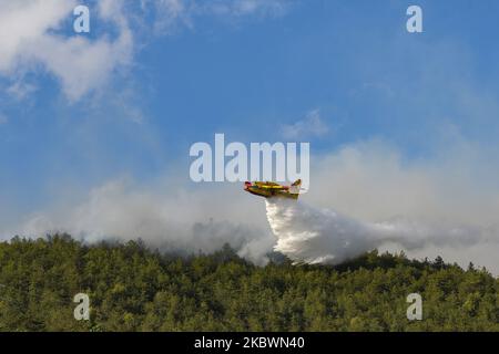 Die Brände der letzten Tage im Nationalpark der Abruzzen, an den Hängen des Gran Sasso, bedrohen die Hauptstadt Abbruzzes. Zahlreiche Angestellte, darunter Freiwillige, Katastrophenschutz und Feuerwehrleute. Am 3. August 2020 in L'Aquila, Italien. (Foto von Riccardo Fabi/NurPhoto) Stockfoto